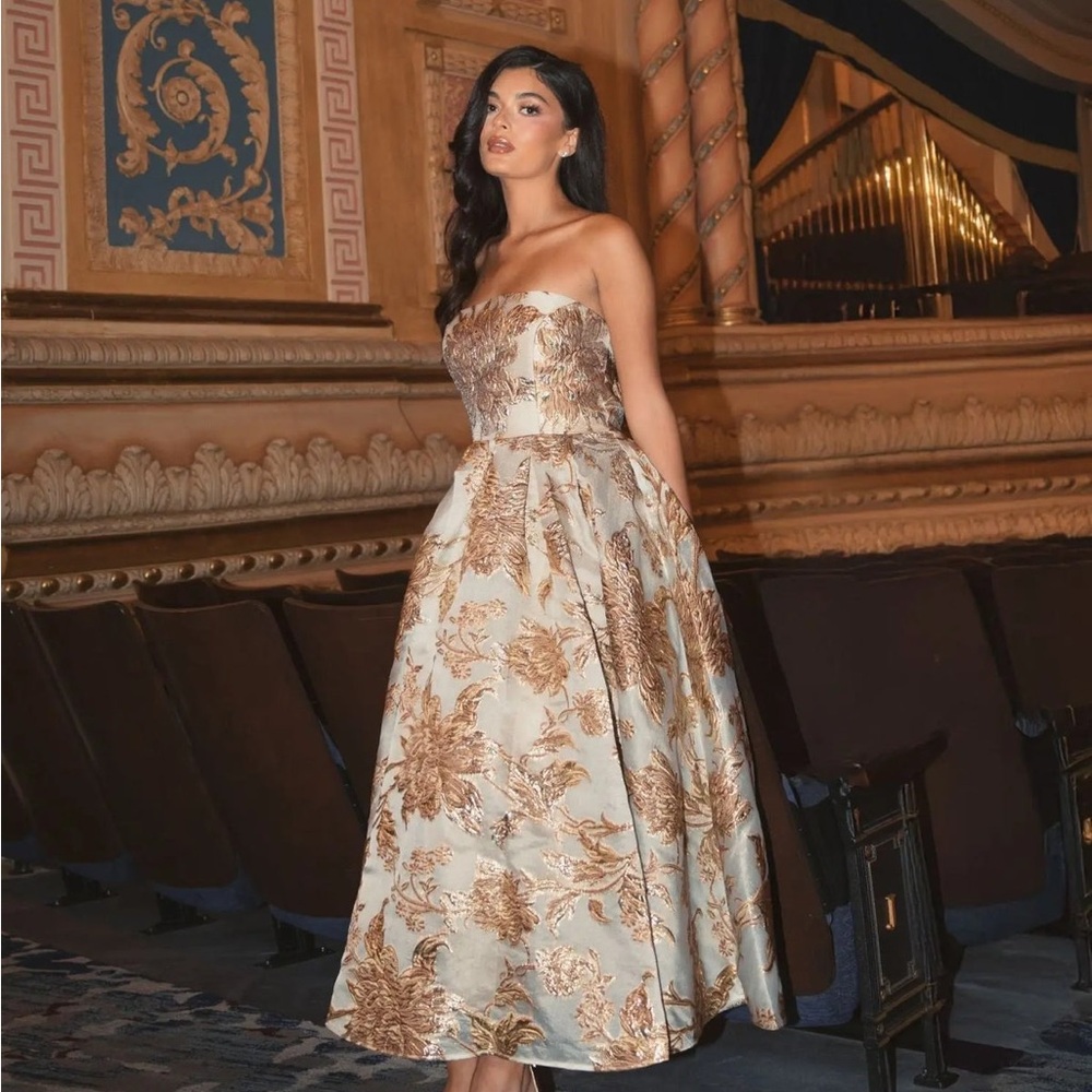 Mac Duggal Strapless Metallic Gold Floral Midi Dress on Light Base - Picture 3 of 4